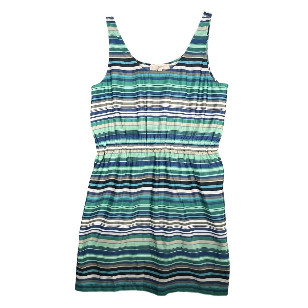 LOFT Women's Large Striped Sleeveless Elastic Waist Mini Dress Blue Green Casual